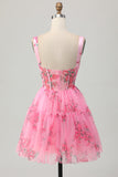 Pink Floral A-Line Spaghetti Straps Corset Cocktail Dress