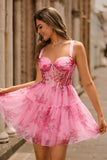 Pink Floral A-Line Spaghetti Straps Corset Cocktail Dress
