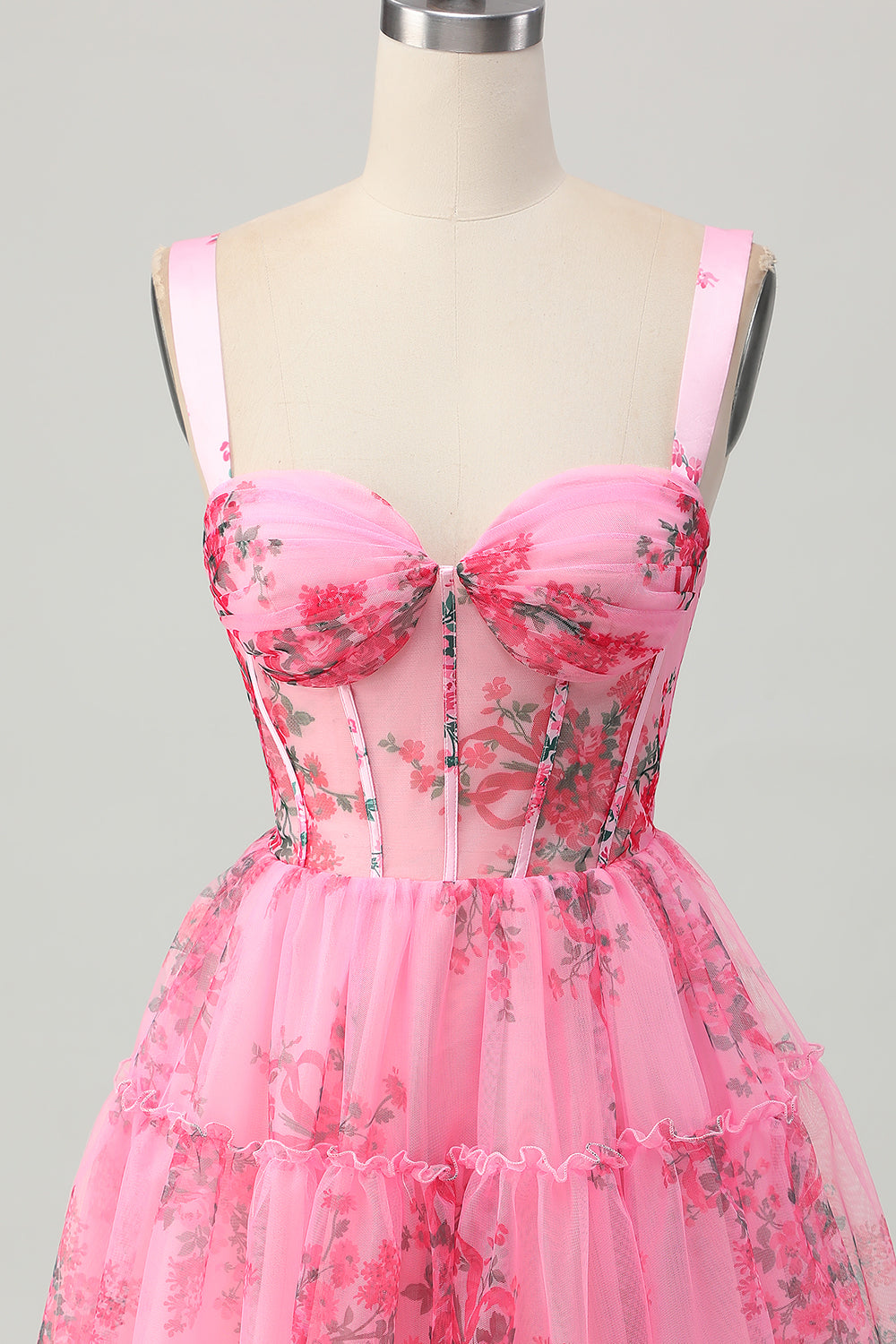 Pink Flower A Line Corset Short Prom Dress
