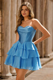Blue Strapless Corset Tiered A-Line Short Prom Dress