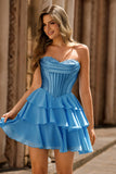 Blue Strapless Corset Tiered A-Line Short Prom Dress