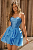 Blue Strapless Corset Tiered A-Line Short Prom Dress