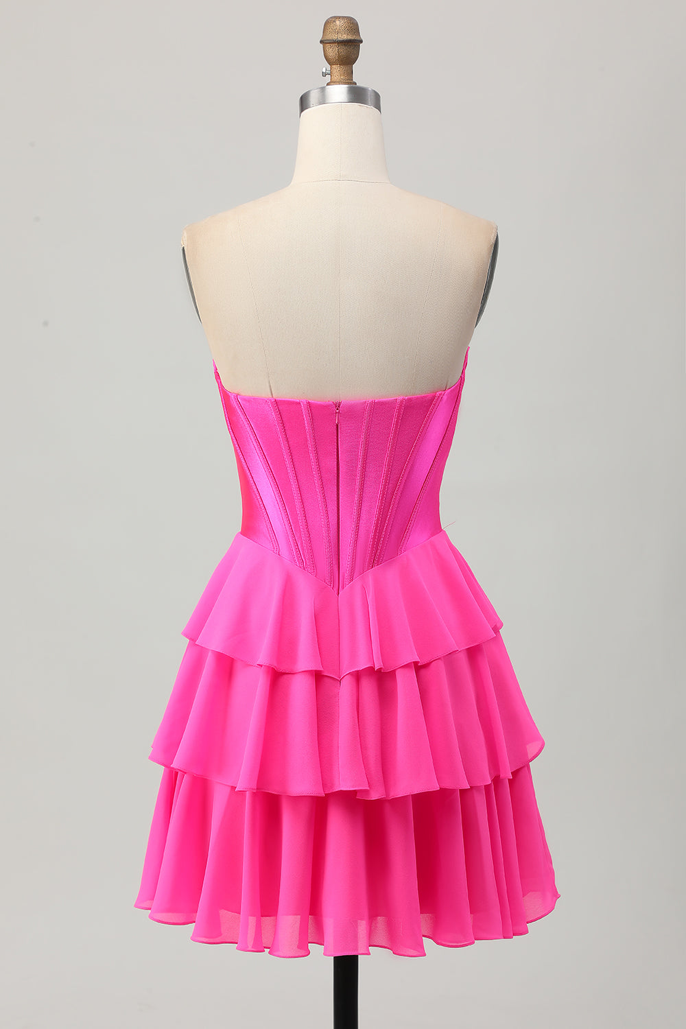 Strapless Fuchsia Corset Tiered A Line Short Prom Dress