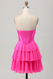 Strapless Fuchsia Corset Tiered A Line Short Prom Dress