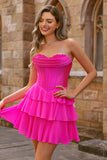Strapless Fuchsia Corset Tiered A Line Short Prom Dress