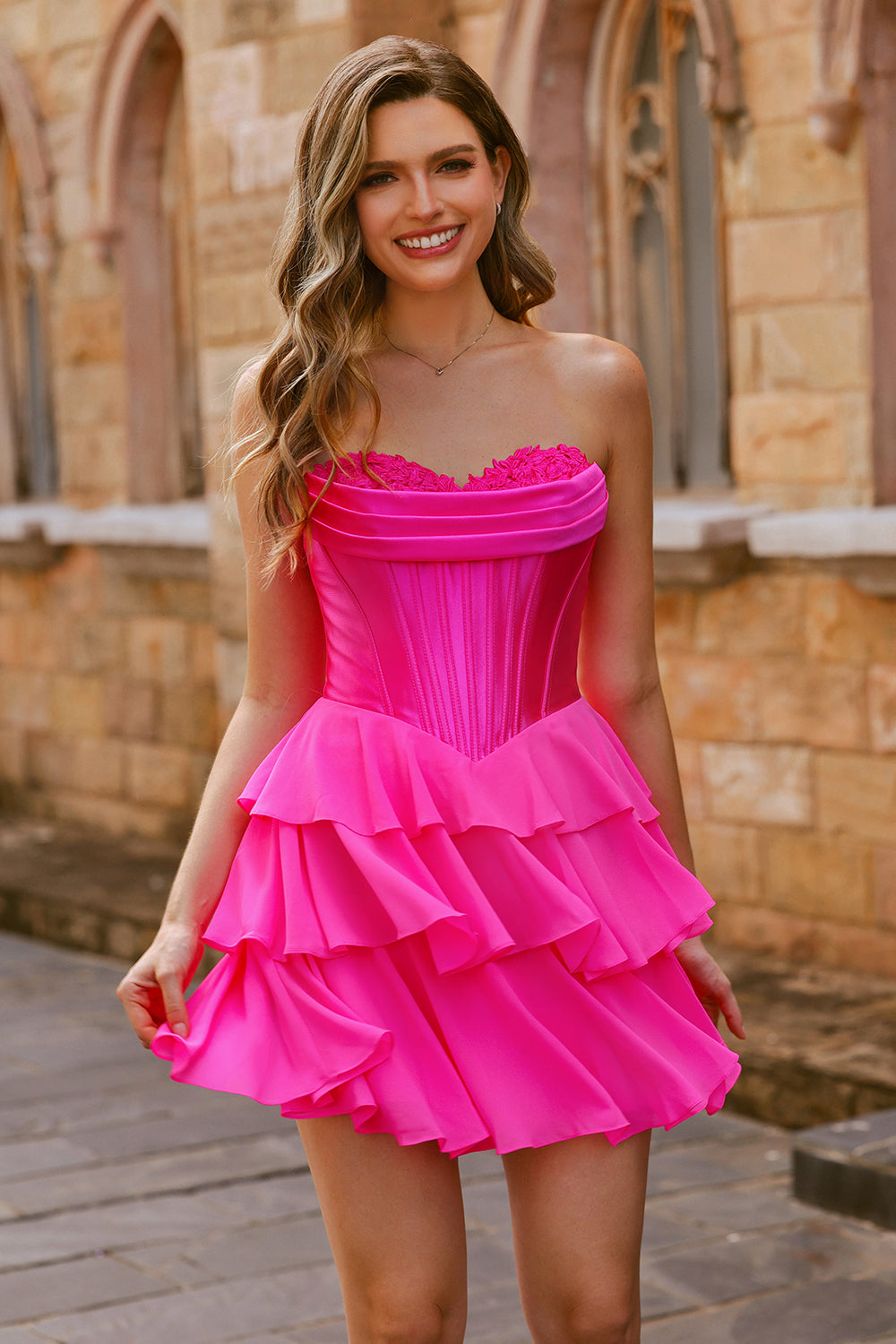 Strapless Fuchsia Corset Tiered A Line Short Prom Dress
