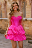 Strapless Fuchsia Corset Tiered A Line Short Prom Dress