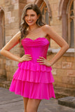 Strapless Fuchsia Corset Tiered A Line Short Prom Dress