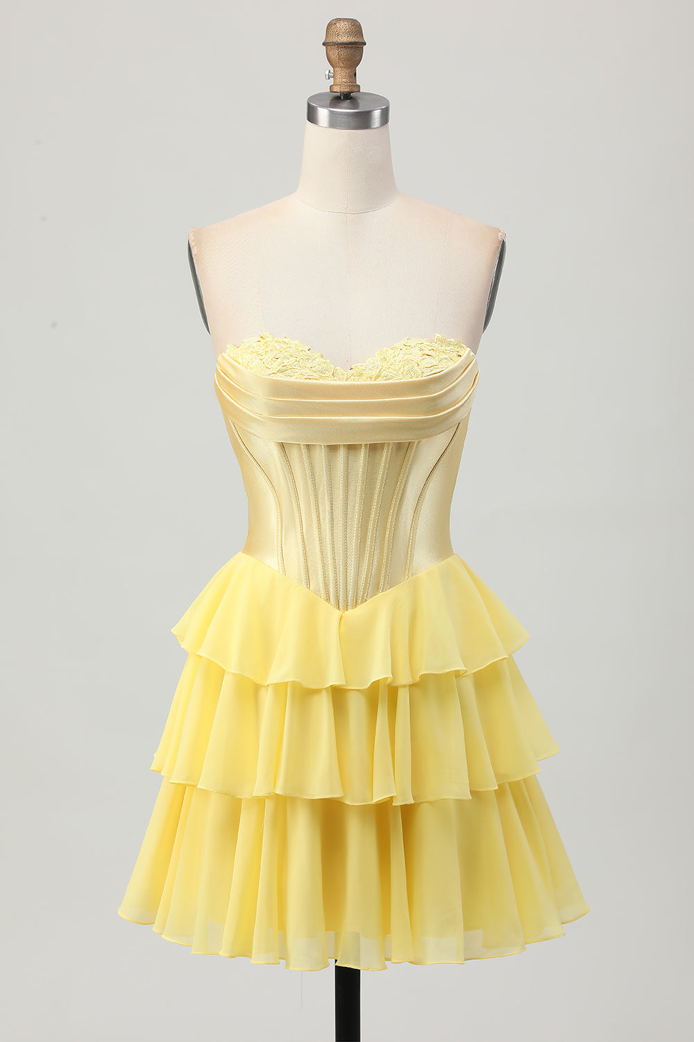 Yellow Strapless Corset A Line Tiered Cocktail Dress
