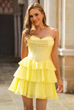 Strapless Yellow Corset A Line Tiered Short Prom Dress