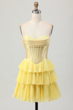 Strapless Yellow Corset A Line Tiered Short Prom Dress
