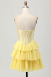 Strapless Yellow Corset A Line Tiered Short Prom Dress