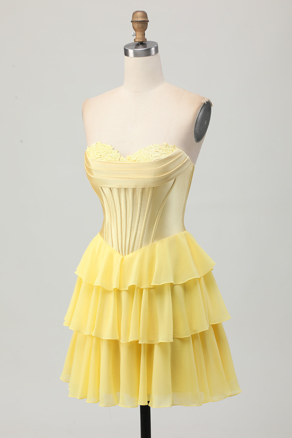 Yellow Strapless Corset A Line Tiered Cocktail Dress