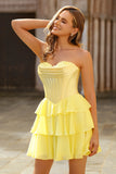 Strapless Yellow Corset A Line Tiered Short Prom Dress