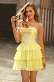 Strapless Yellow Corset A Line Tiered Short Prom Dress