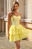 Strapless Yellow Corset A Line Tiered Short Prom Dress