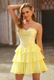 Strapless Yellow Corset A Line Tiered Short Prom Dress