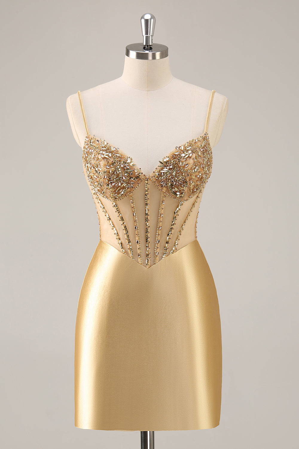 Golden Bodycon Spaghetti Straps Corset Beaded Short Prom Dress