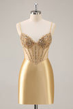 Golden Bodycon Spaghetti Straps Corset Beaded Short Prom Dress