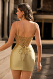 Golden Bodycon Spaghetti Straps Corset Beaded Short Prom Dress