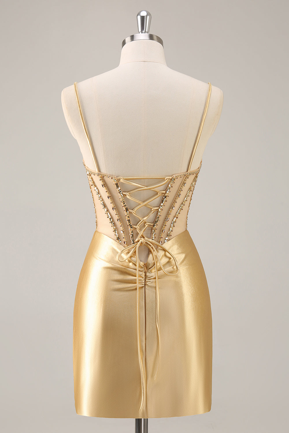 Golden Bodycon Spaghetti Straps Corset Beaded Short Prom Dress