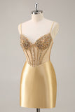 Golden Corset Bodycon Tight Beaded Short Prom Dress