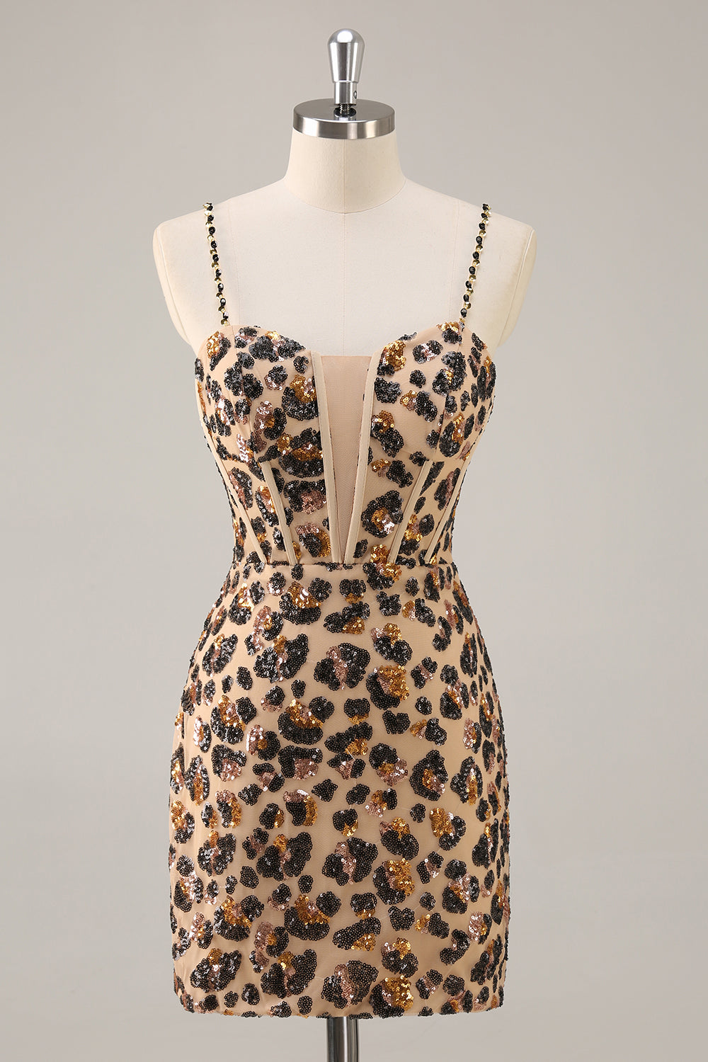 Kahki Leopard Corset Bodycon Short Prom Dress with Sequins