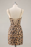 Kahki Leopard Corset Bodycon Cocktail Dress with Sequins