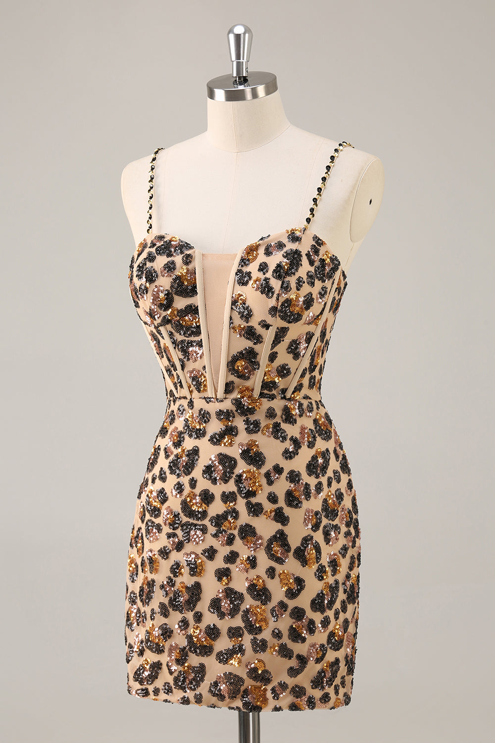 Kahki Leopard Corset Bodycon Short Prom Dress with Sequins