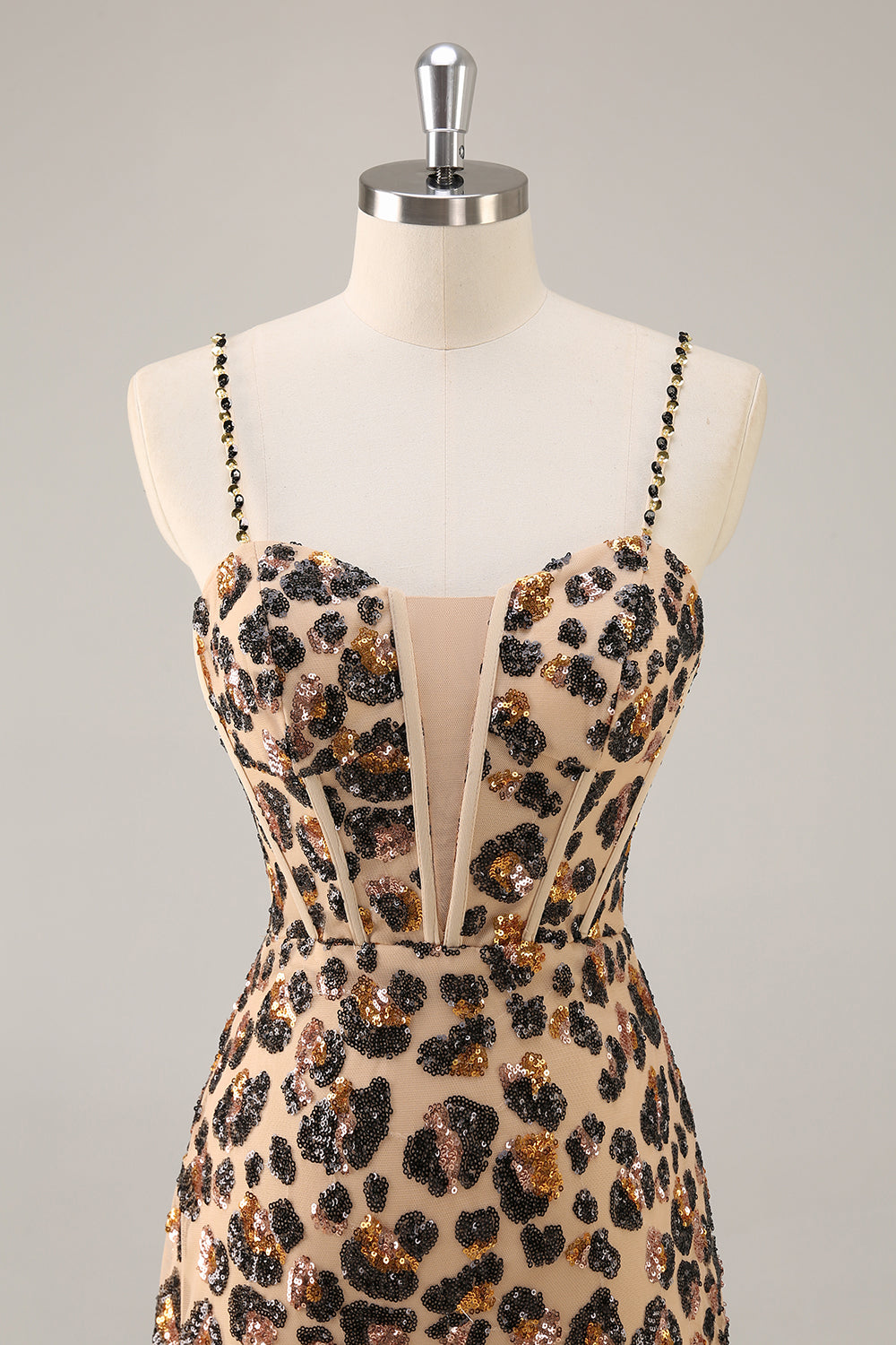 Kahki Leopard Corset Bodycon Short Prom Dress with Sequins