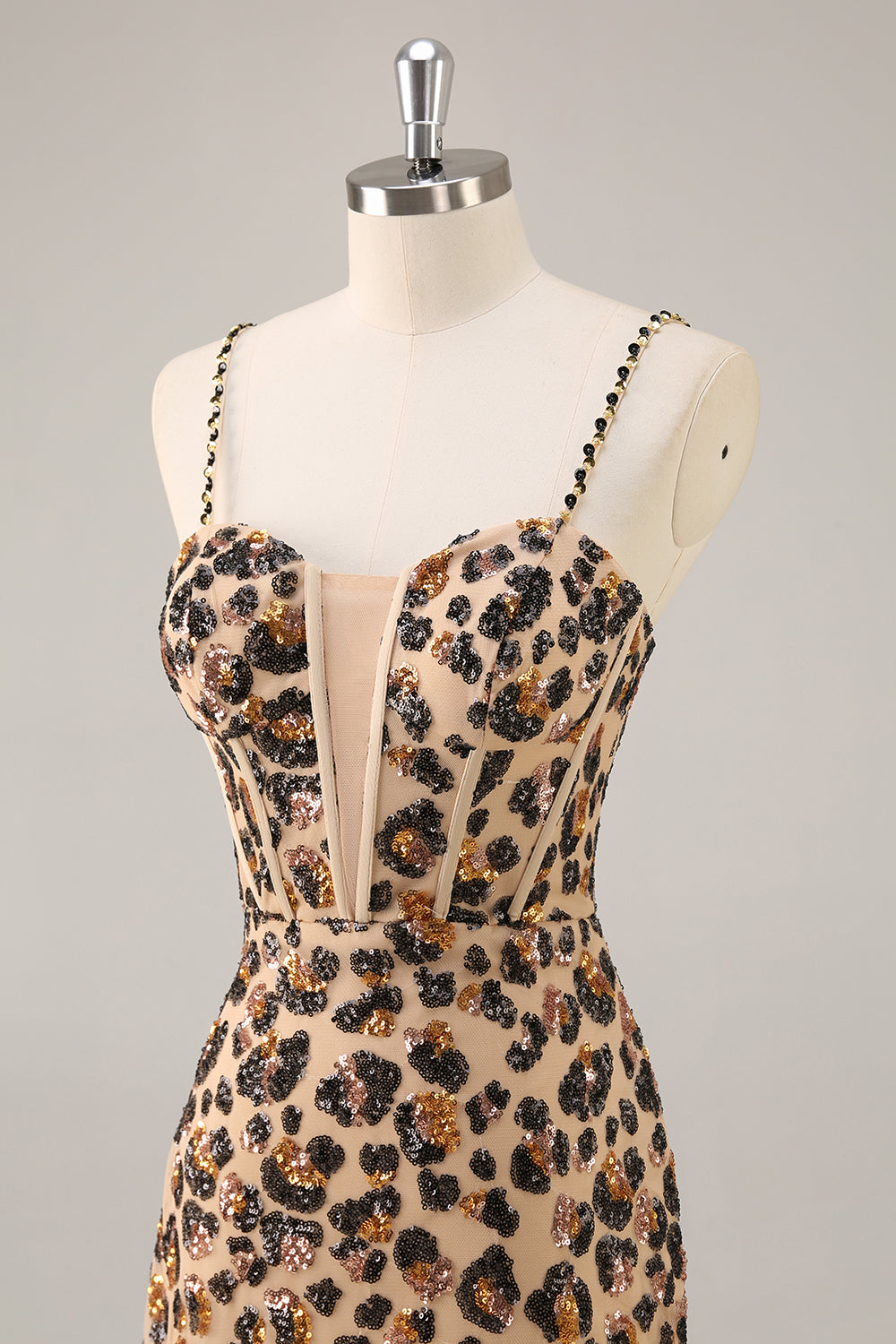 Kahki Leopard Corset Bodycon Short Prom Dress with Sequins
