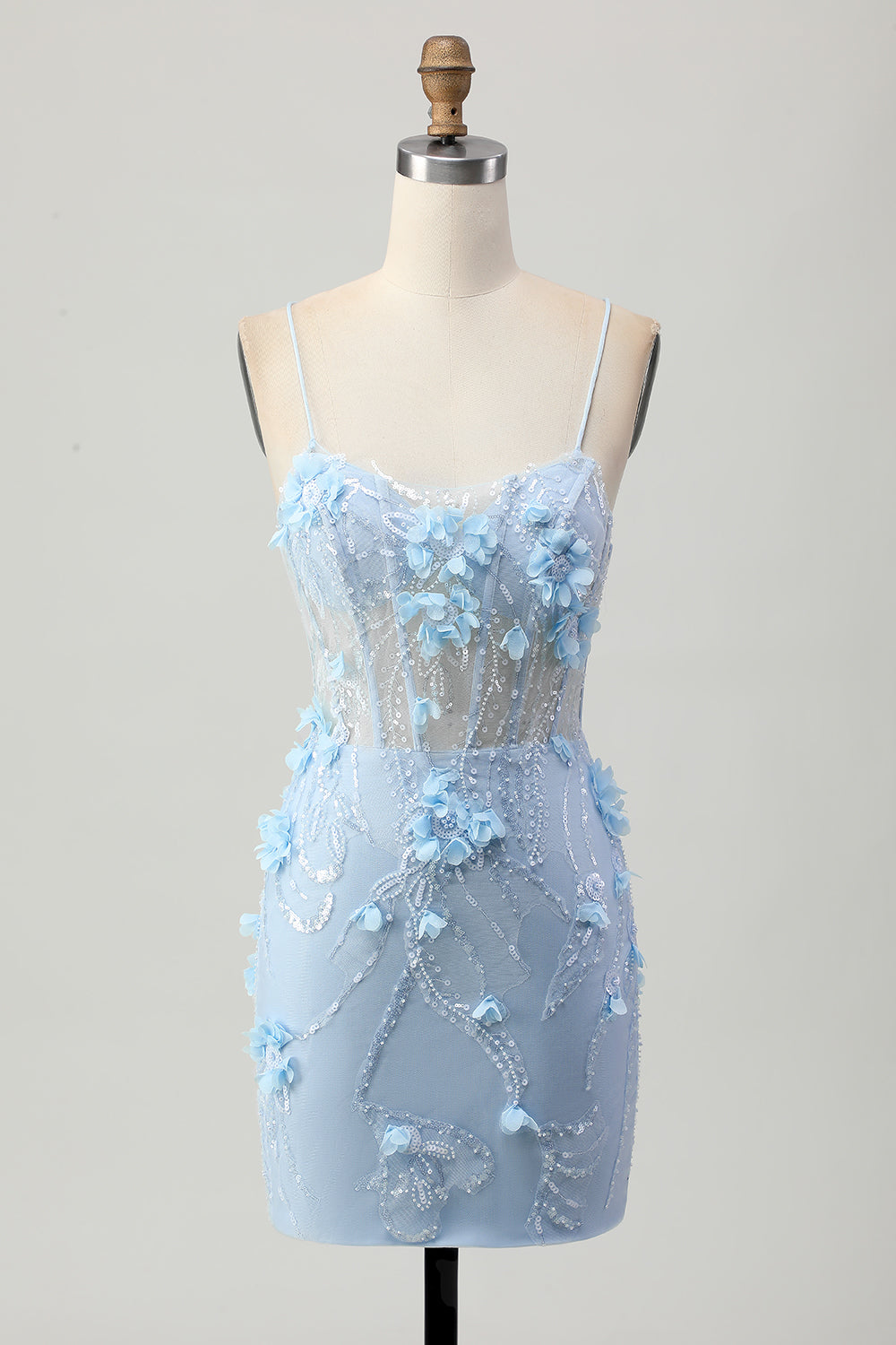 Blue Corset Sequins Floral Bodycon Cocktail Dress