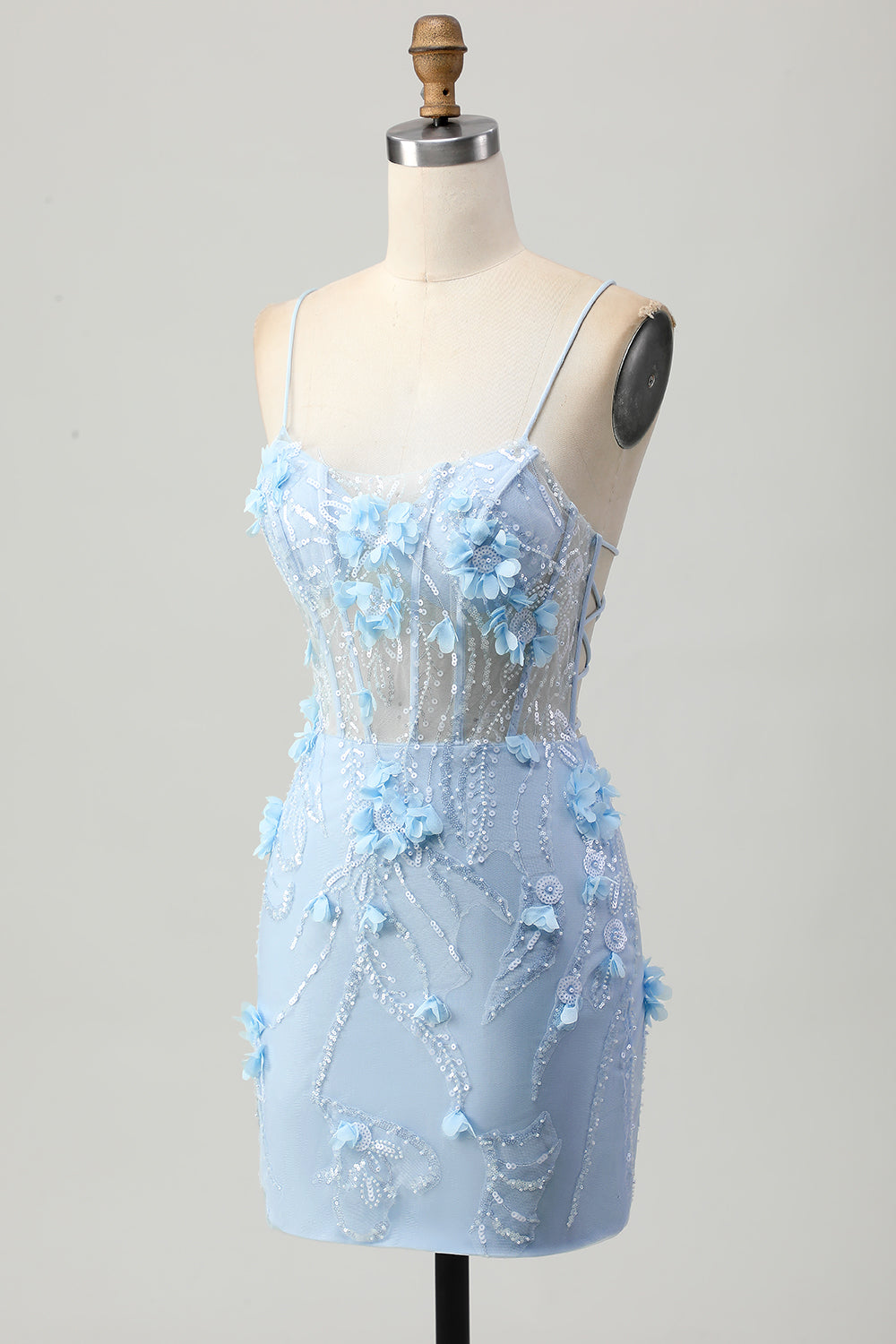Blue Bodycon Corset Sequins Short Prom Dress with 3D Flowers