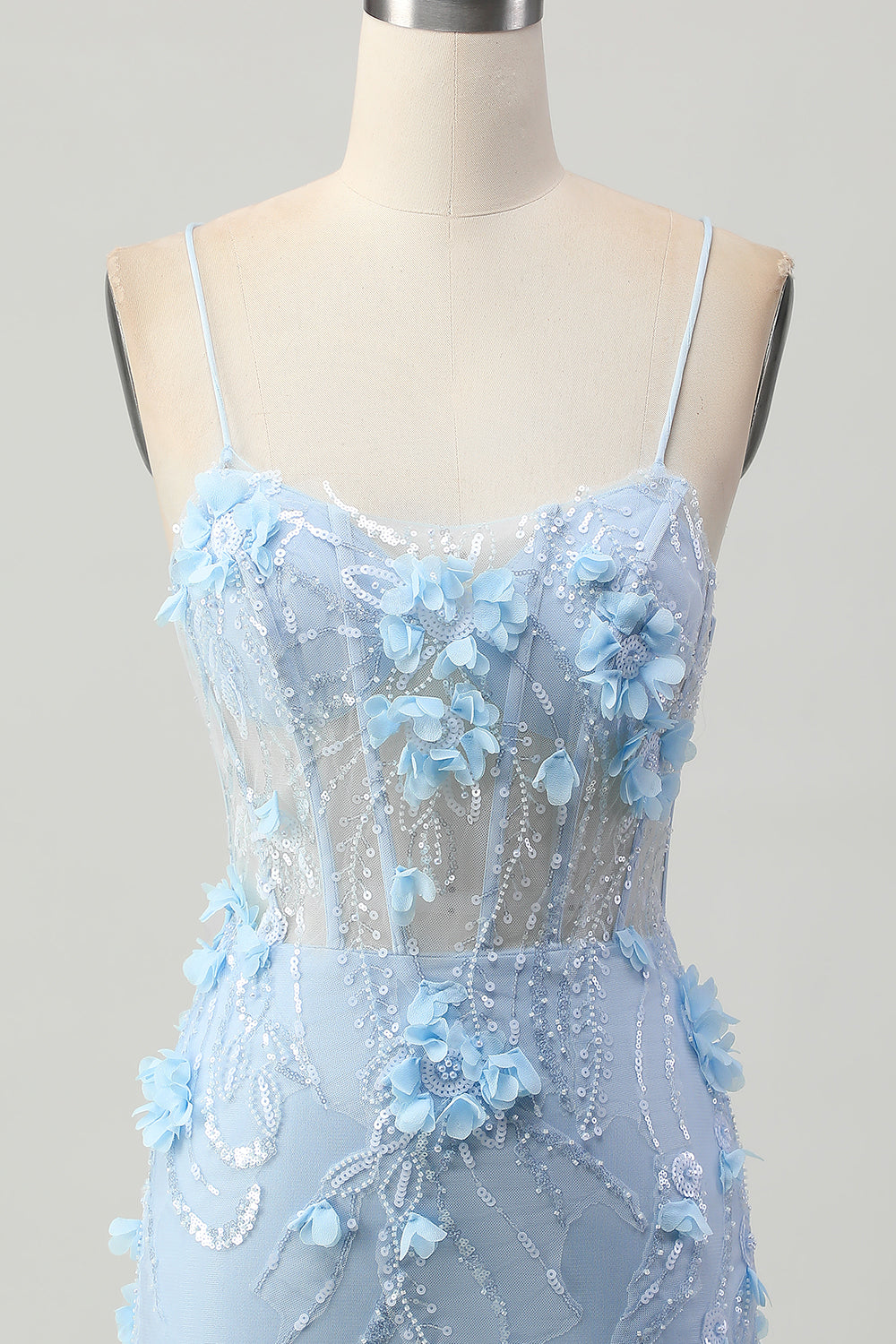 Blue Bodycon Corset Sequins Short Prom Dress with 3D Flowers