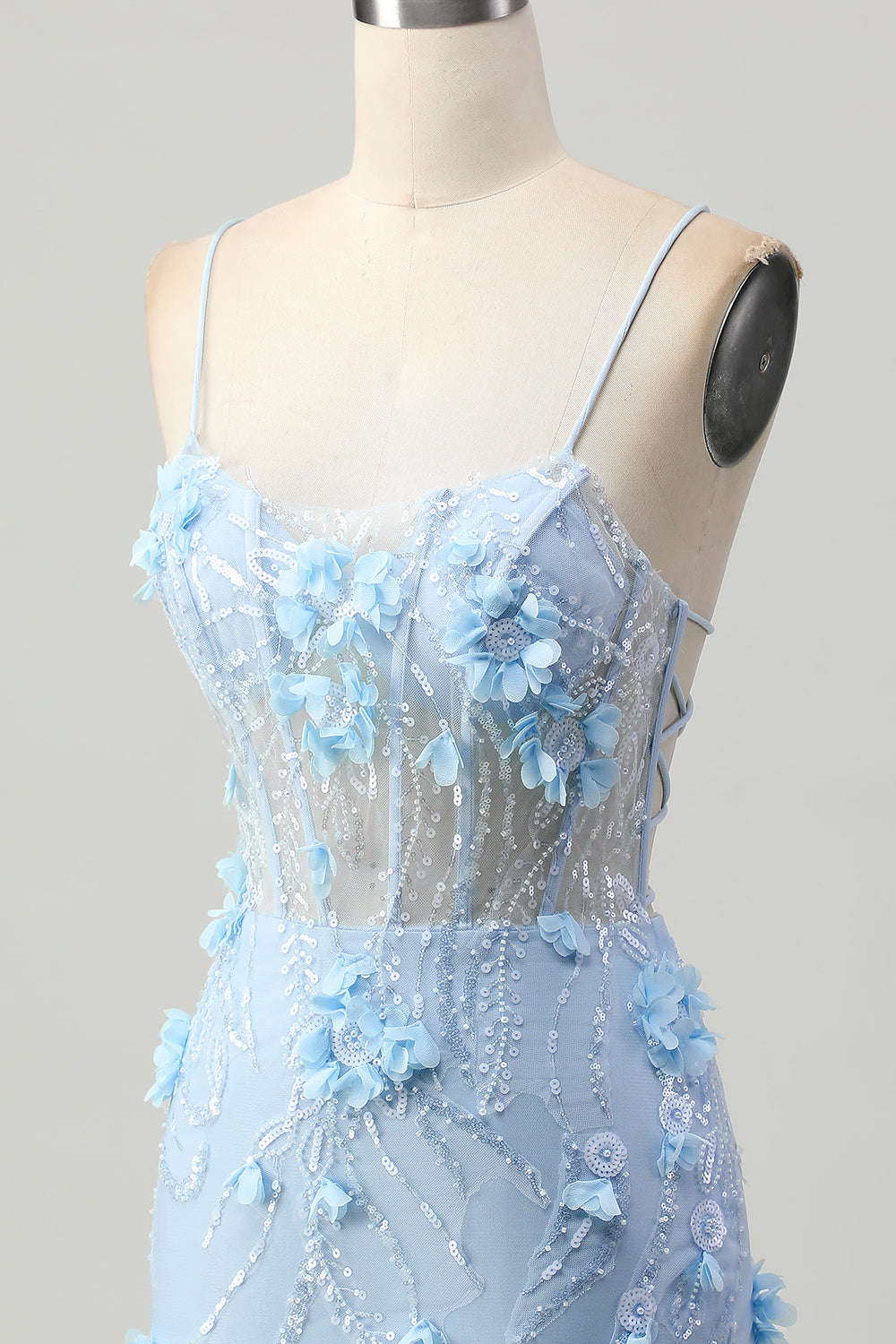 Blue Bodycon Corset Sequins Short Prom Dress with 3D Flowers