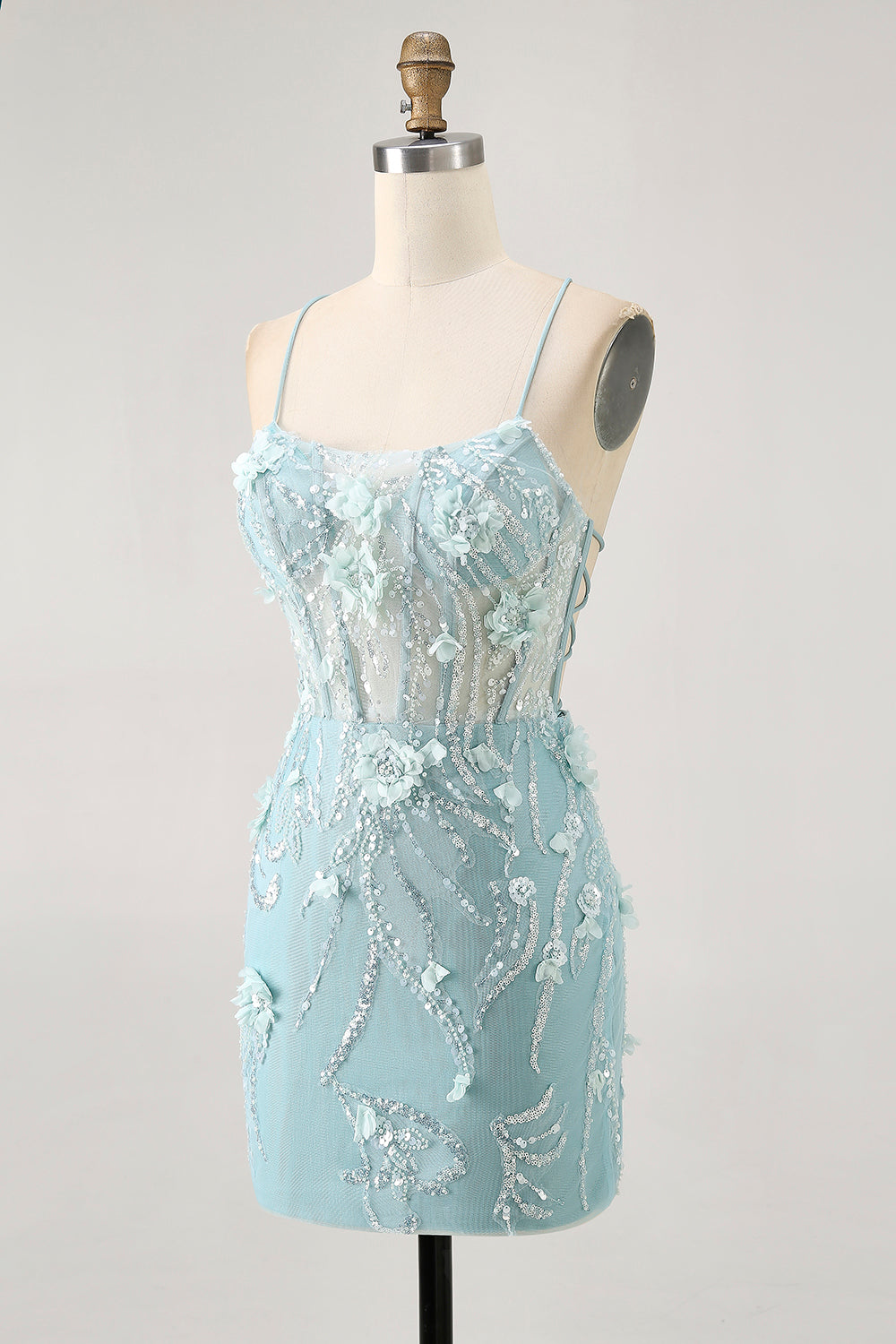 Blue Corset Sequins Floral Bodycon Cocktail Dress