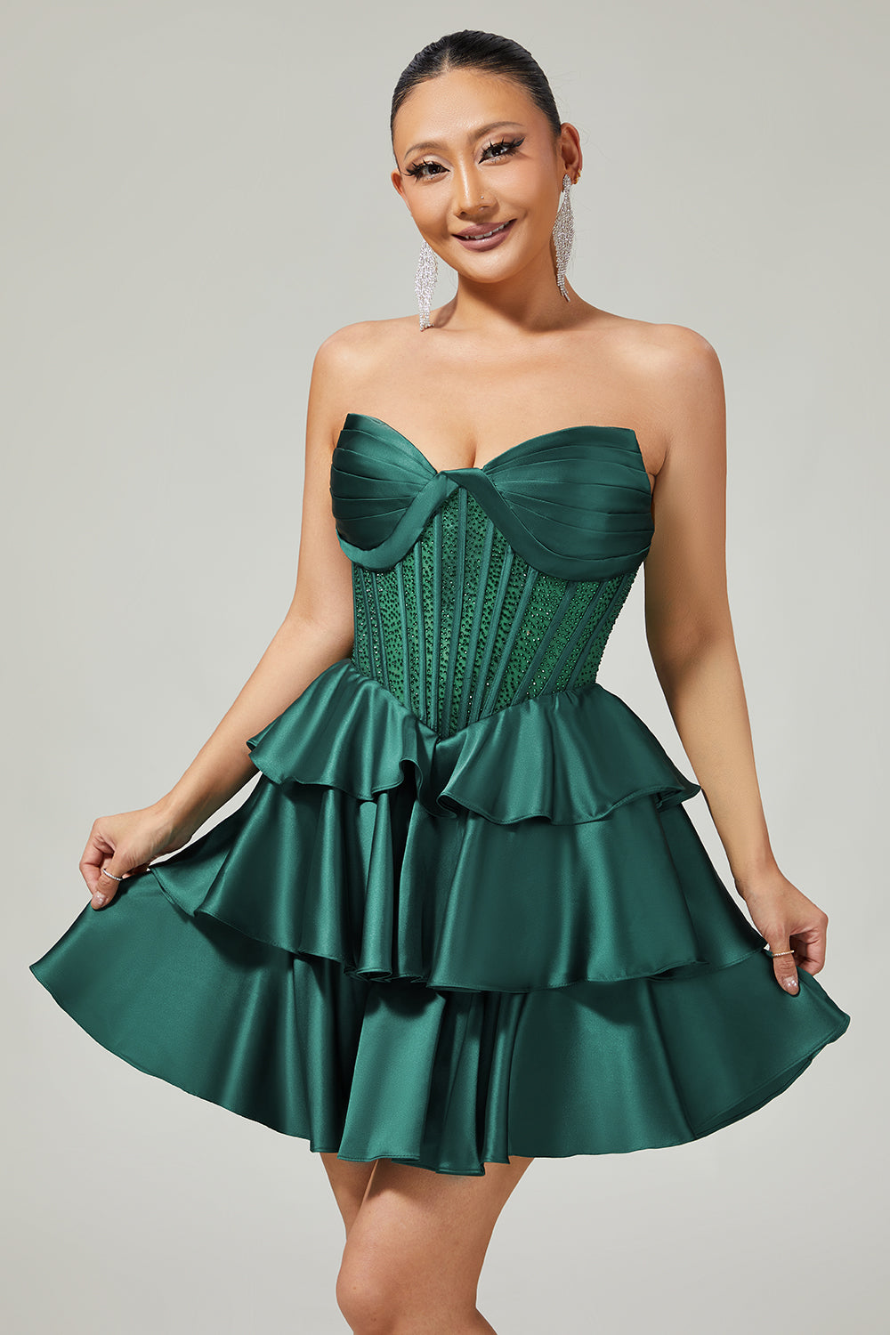 Dark Green Beaded A-line Strapless Corset Cocktail Dress
