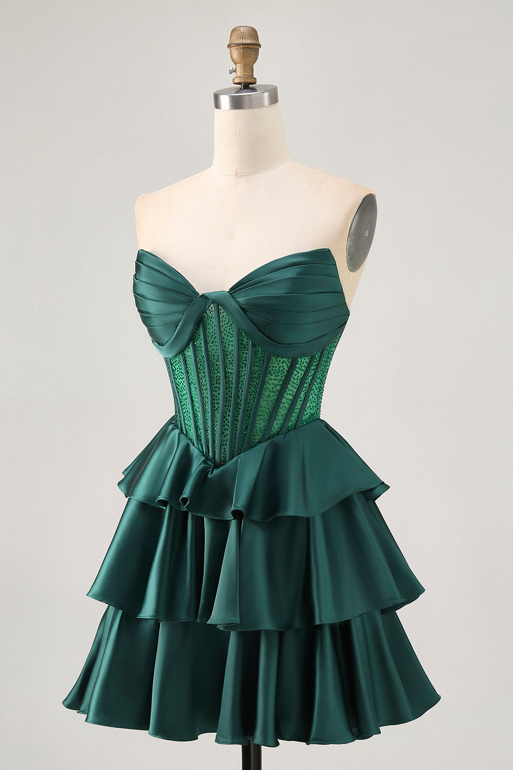 Dark Green Beaded A-line Strapless Corset Cocktail Dress
