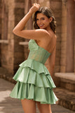 Strapless A Line Green Corset Short Prom Dress with Beading