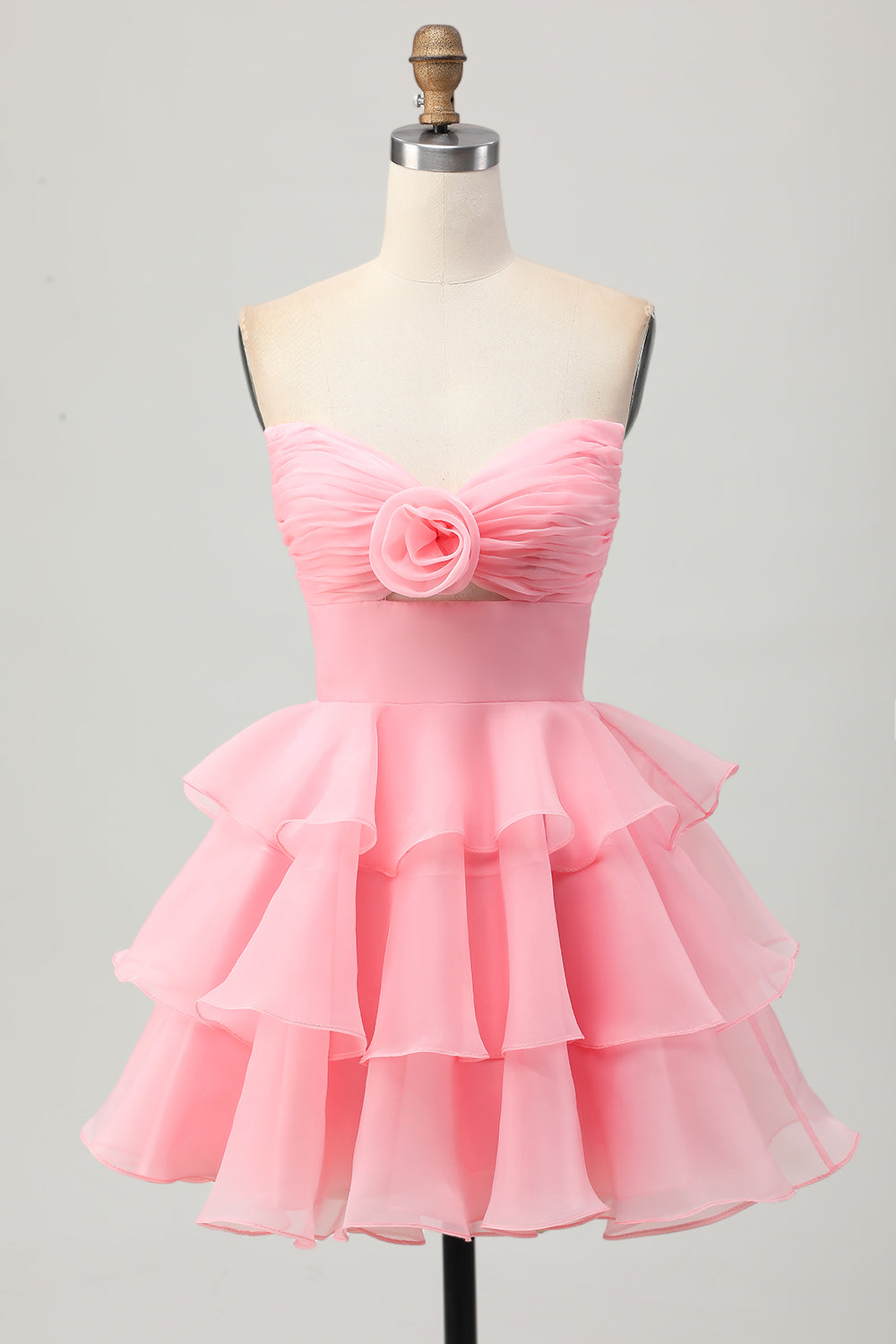 Cute Blush A-Line Strapless Cut Out Tiered Short Prom Dress