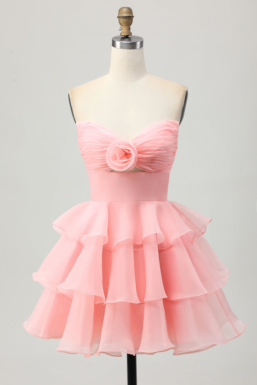 Blush A-Line Strapless Tiered Cocktail Dress with 3D Flowers