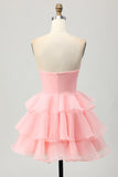 Blush A-Line Strapless Tiered Cocktail Dress with 3D Flowers