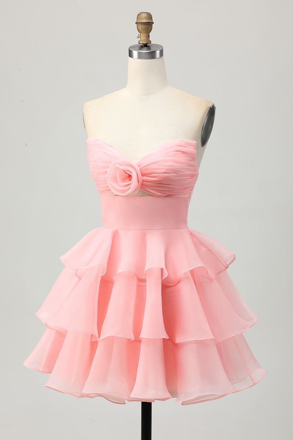 Blush A-Line Strapless Tiered Cocktail Dress with 3D Flowers
