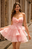 Blush A-Line Strapless Tiered Cocktail Dress with 3D Flowers