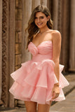 Blush A-Line Strapless Tiered Cocktail Dress with 3D Flowers