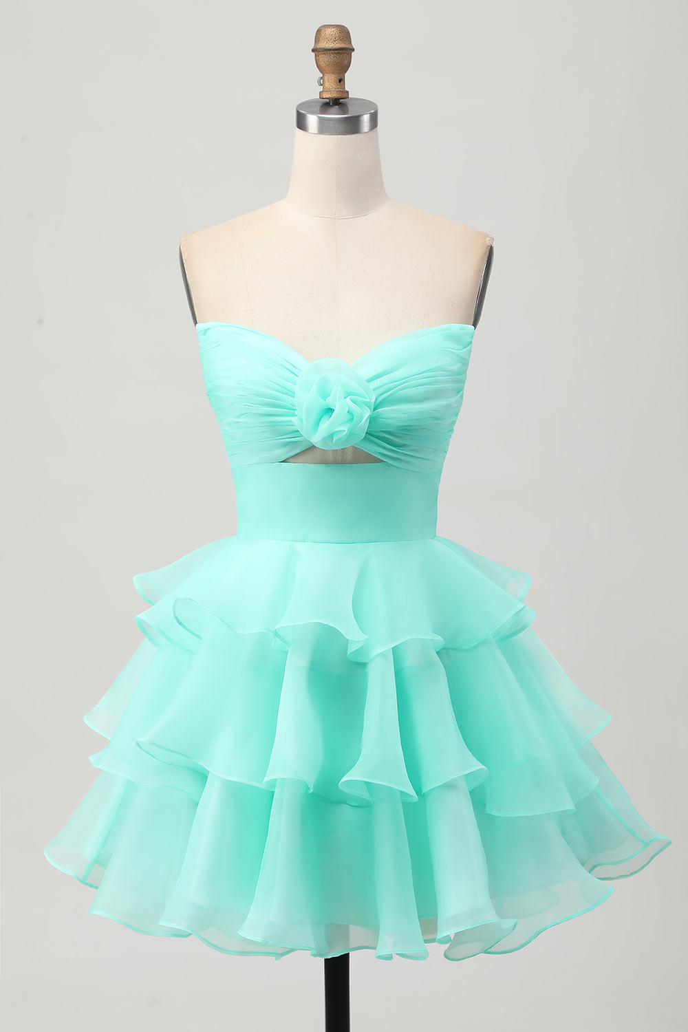 Cute Blush A-Line Strapless Cut Out Tiered Short Prom Dress