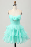 Cute A-line Strapless Cut Out Tiered Green Short Prom Dress