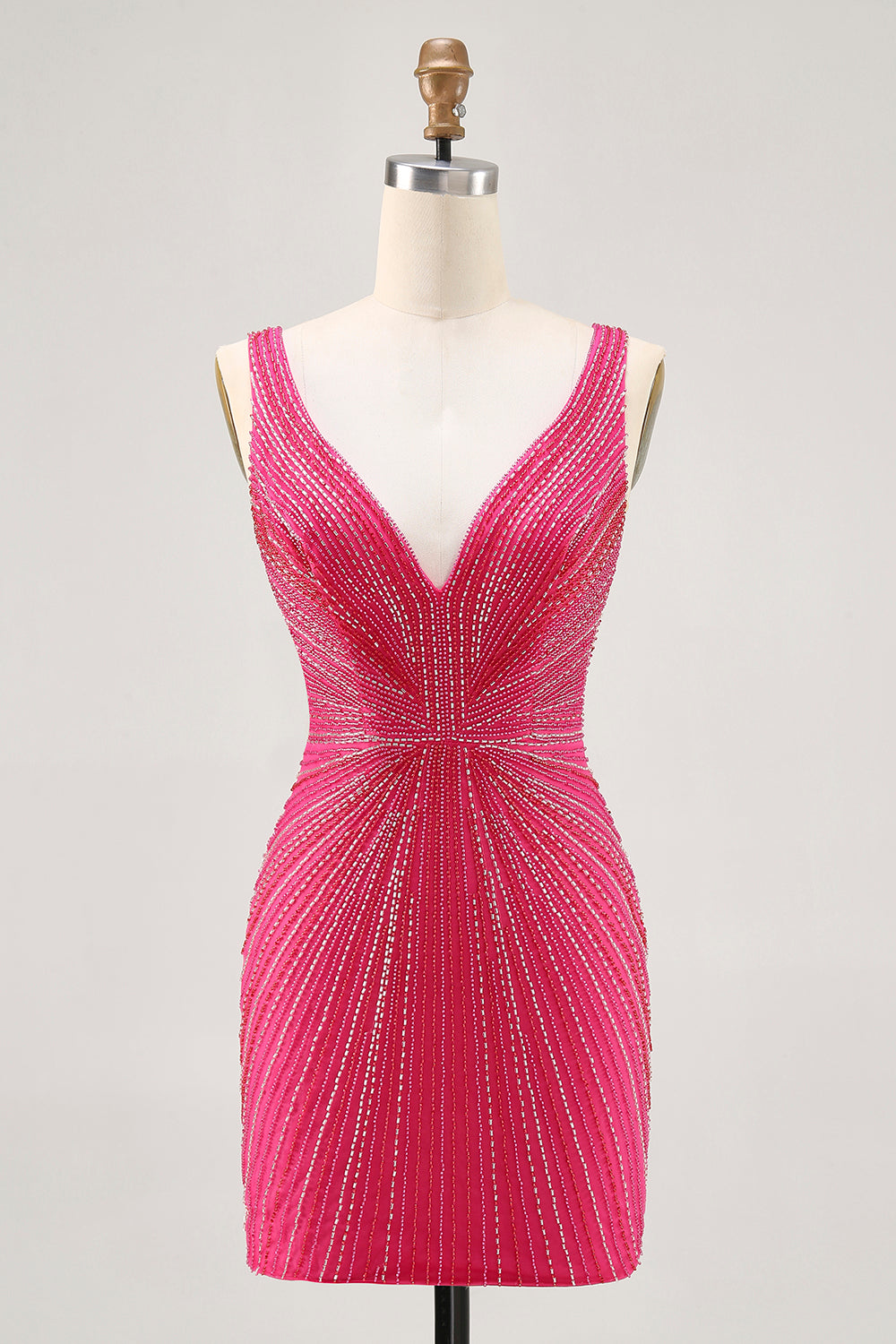 Fuchsia V-Neck Beaded Bodycon Short Prom Dress