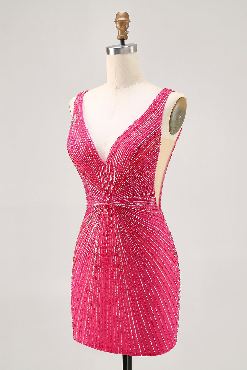 Fuchsia V-Neck Beaded Bodycon Short Prom Dress