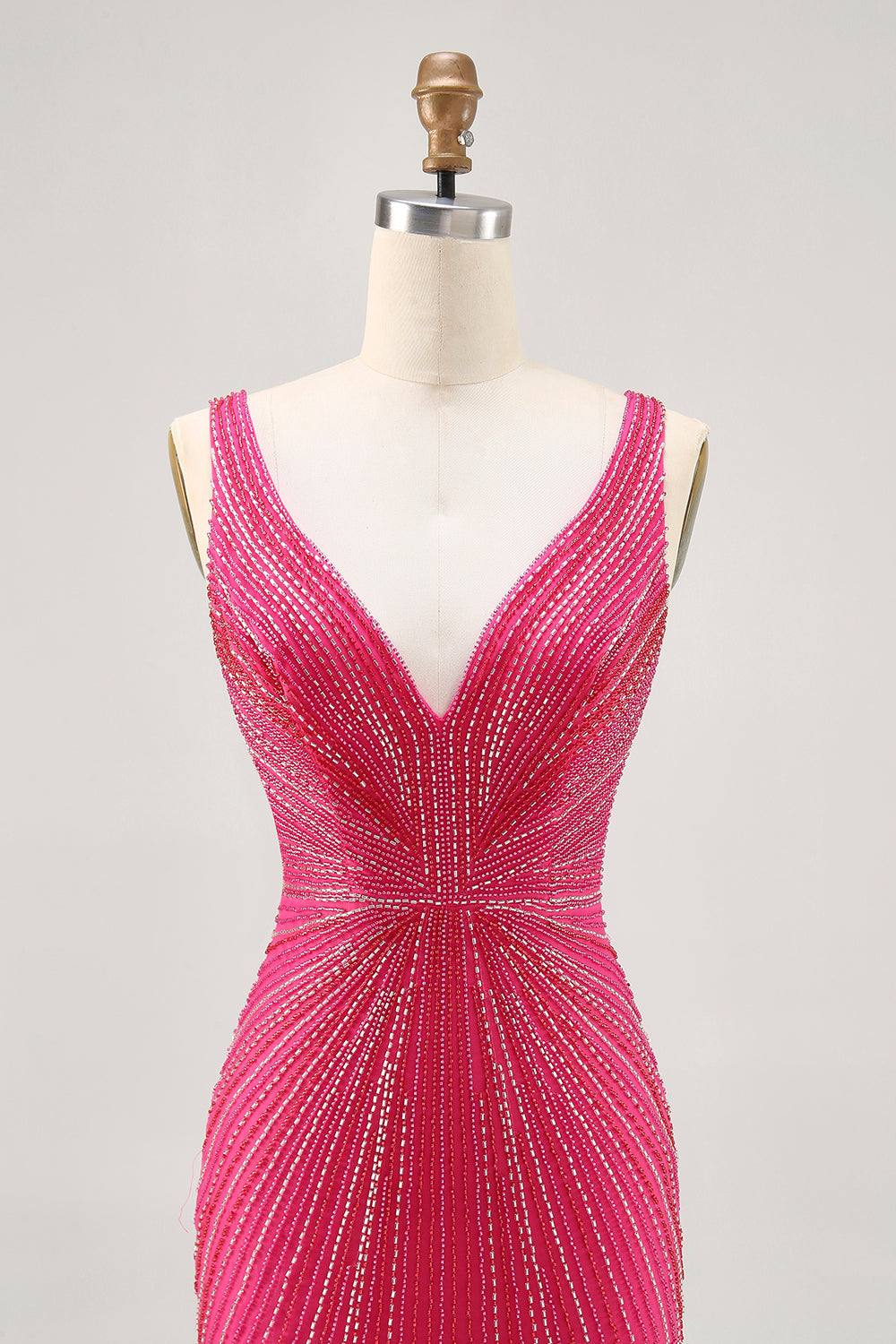 Fuchsia V-Neck Beaded Bodycon Short Prom Dress